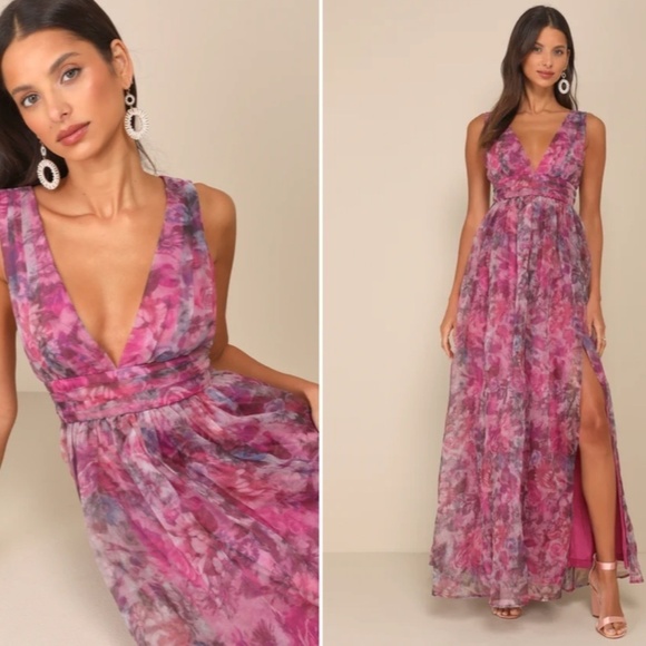 LULU's Floral Sexy Flowy Prom Wedding Chic Elegant Magenta Maxi Dress - Picture 1 of 3